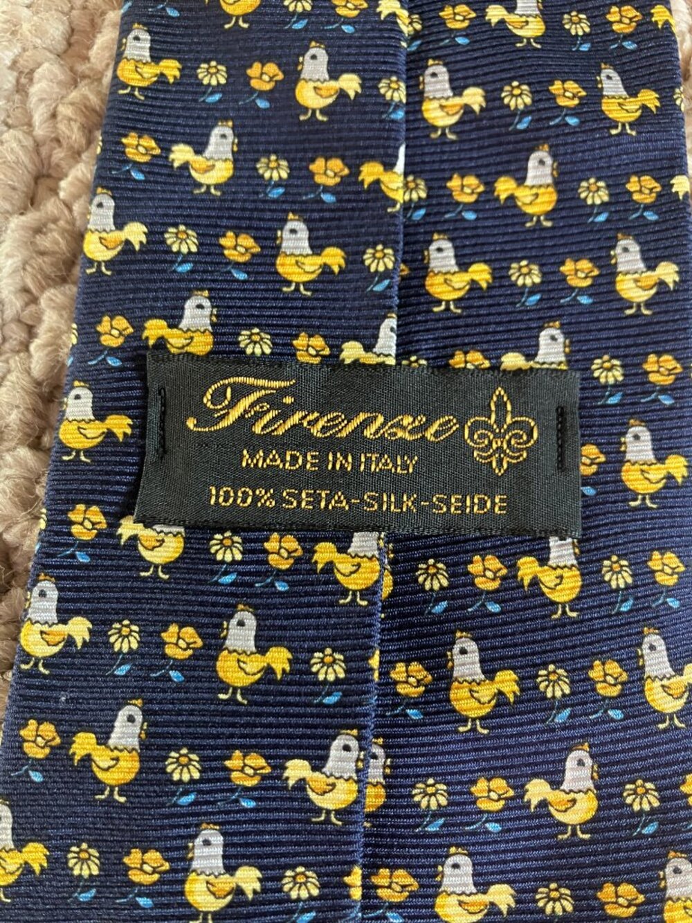 Firenze Navy Yellow Chicken Daisy Poppy 100% Silk Men’s Neck Tie Made in Italy